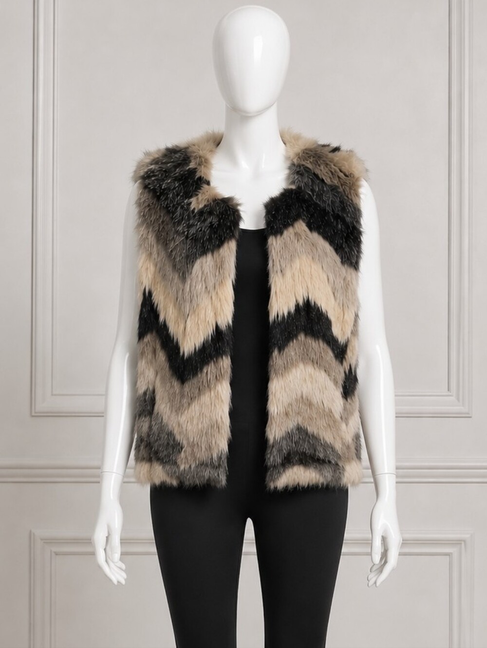 Faux Fur Chevron Vest in Gray, Black & Cream